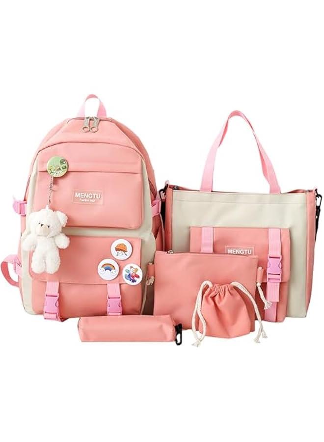 HOOKOR TARSSLE Kawaii Backpack set 5Pcs Aesthetic School Bags cute backpack set with Pendant Lunch Bag,Pencil Case,Handbag,Coin Purse (Pink) - Image 1