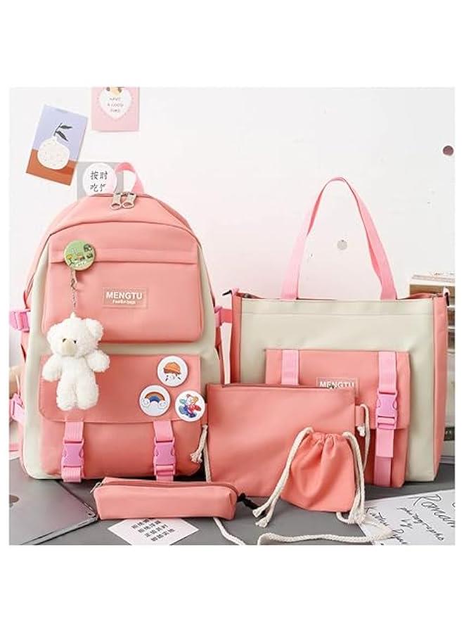 HOOKOR TARSSLE Kawaii Backpack set 5Pcs Aesthetic School Bags cute backpack set with Pendant Lunch Bag,Pencil Case,Handbag,Coin Purse (Pink) - Image 2
