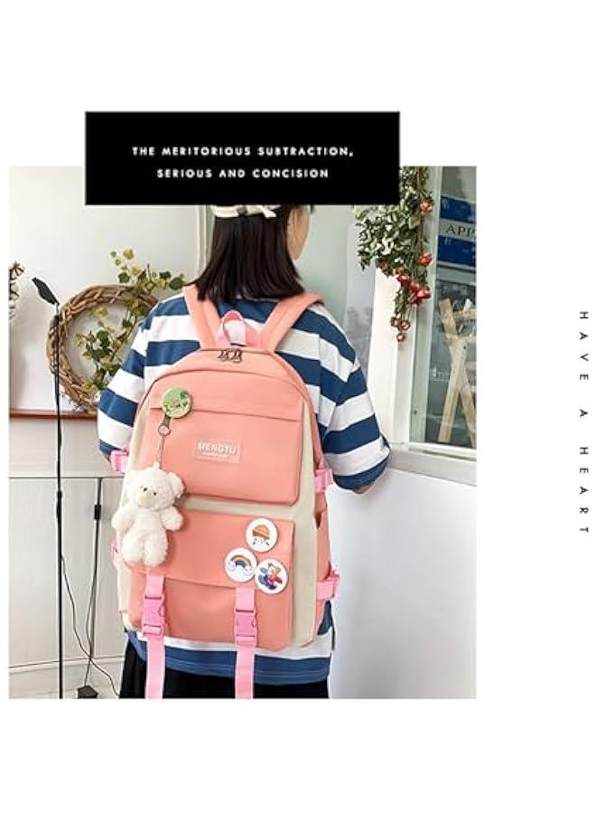 HOOKOR TARSSLE Kawaii Backpack set 5Pcs Aesthetic School Bags cute backpack set with Pendant Lunch Bag,Pencil Case,Handbag,Coin Purse (Pink) - Image 3