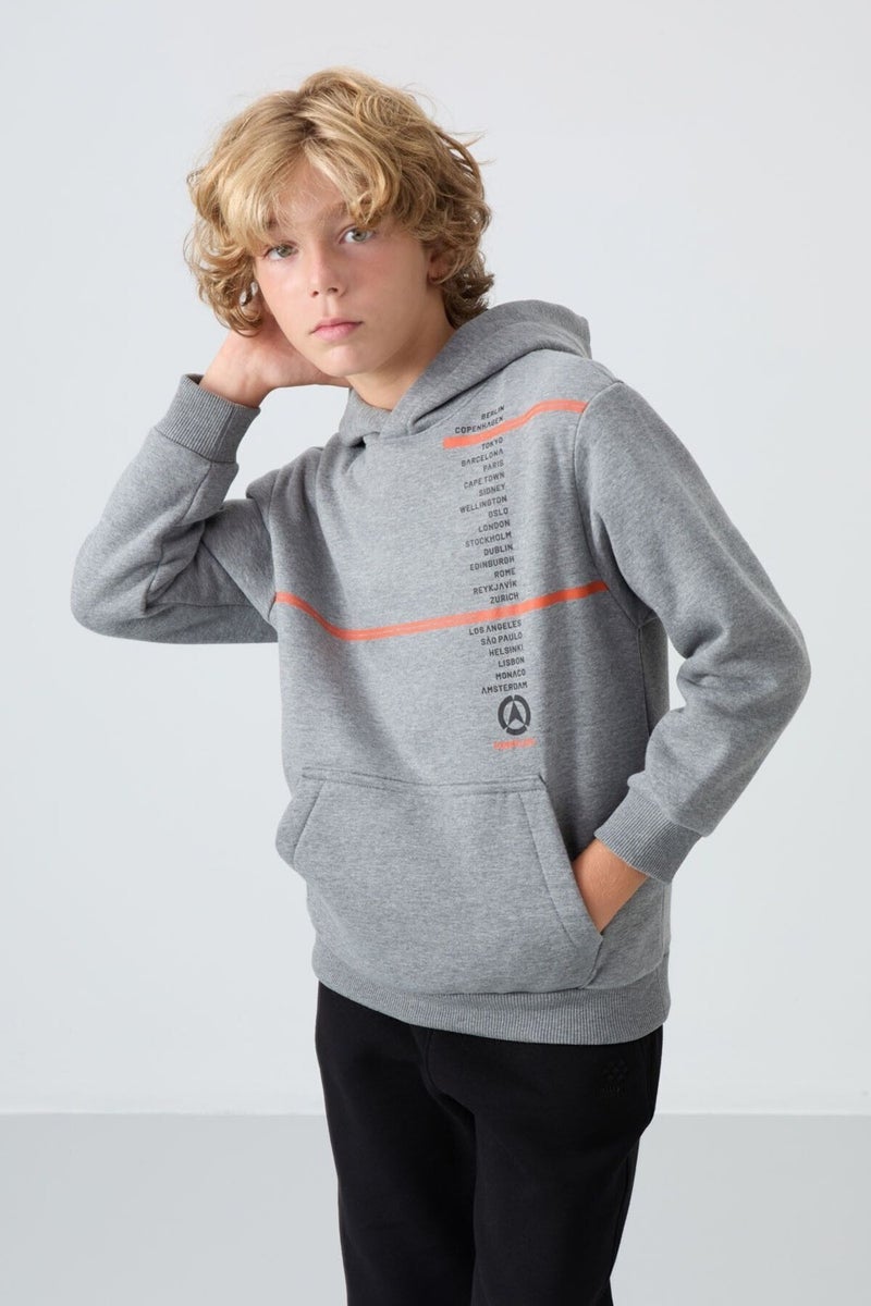 Tommy Life Gray Melange Cotton Thick Fluffy Soft Textured Standard Fit Printed Boy's Sweatshirt - 11239 - Image 1