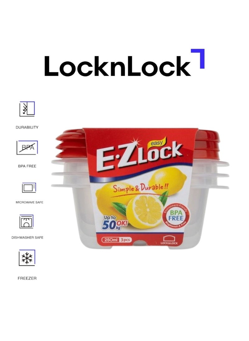 LOCK & LOCK LocknLock EzLock Square Container Set - 250ml (Set of 3), Clear Base, Stackable, Microwave-Safe  - Image 1