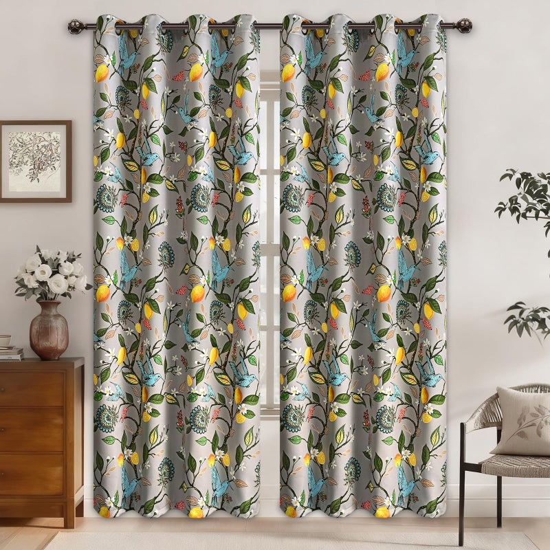 FRAMICS 100% Blackout Curtains for Bedroom Vintage Floral Curtains for Living Room 84 Inches Long, Luxury Patterned Grey Curtain Lemon Hummingbird Grommet Thermal Insulated Drapes, 2 Panels - Image 2