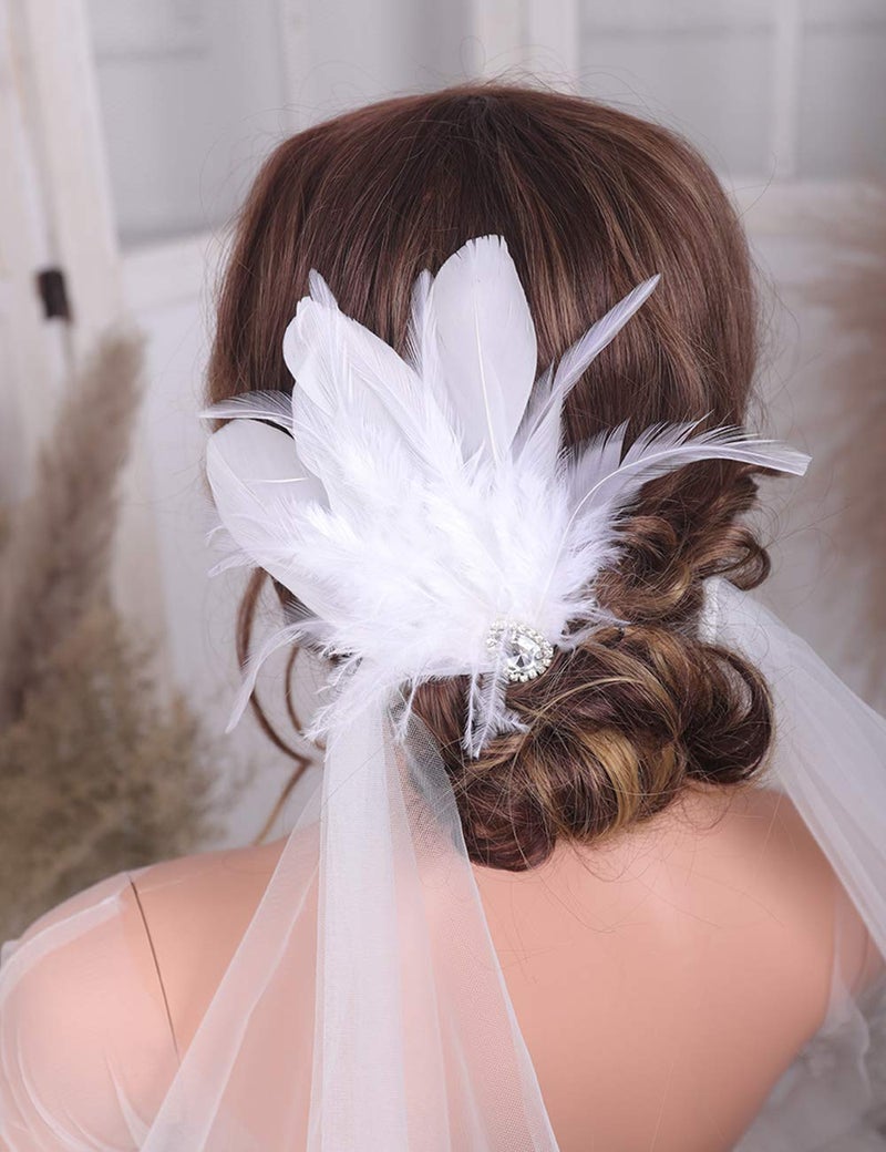 Aimimier 1920s Flapper White Feather Headpiece Crystal Feather Hair Clip Roaring 20s Feather Accessories Masquerade Hair Accessory for Women - Image 2
