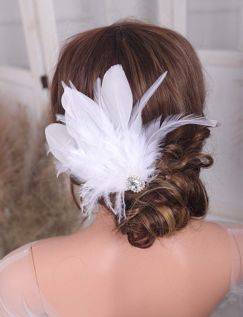 Aimimier 1920s Flapper White Feather Headpiece Crystal Feather Hair Clip Roaring 20s Feather Accessories Masquerade Hair Accessory for Women - Image 1