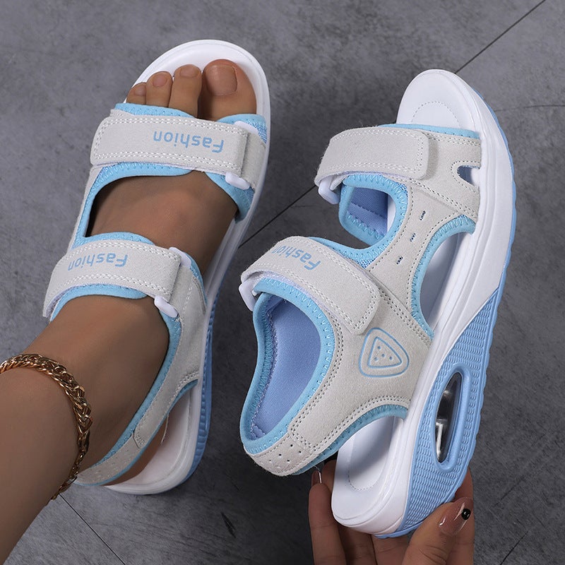 Foreign Trade Large Size Sandals for Women, New Summer Style, Flat Wedge Heel, Thick Sole, Air Cushion, Shock Absorption, Velcro Roman Sandals - Image 3