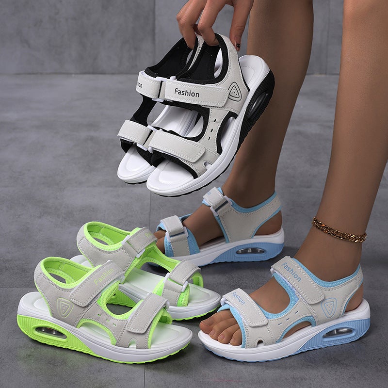 Foreign Trade Large Size Sandals for Women, New Summer Style, Flat Wedge Heel, Thick Sole, Air Cushion, Shock Absorption, Velcro Roman Sandals - Image 5