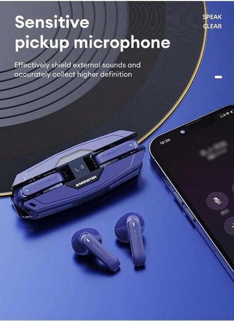 Monster XKT08 Pro Wireless Bluetooth Earbuds Gaming Headphones Deep Bass Low Latency Game Headset with Built-in Microphone For Gaming Noise Canceling Headsets Blue