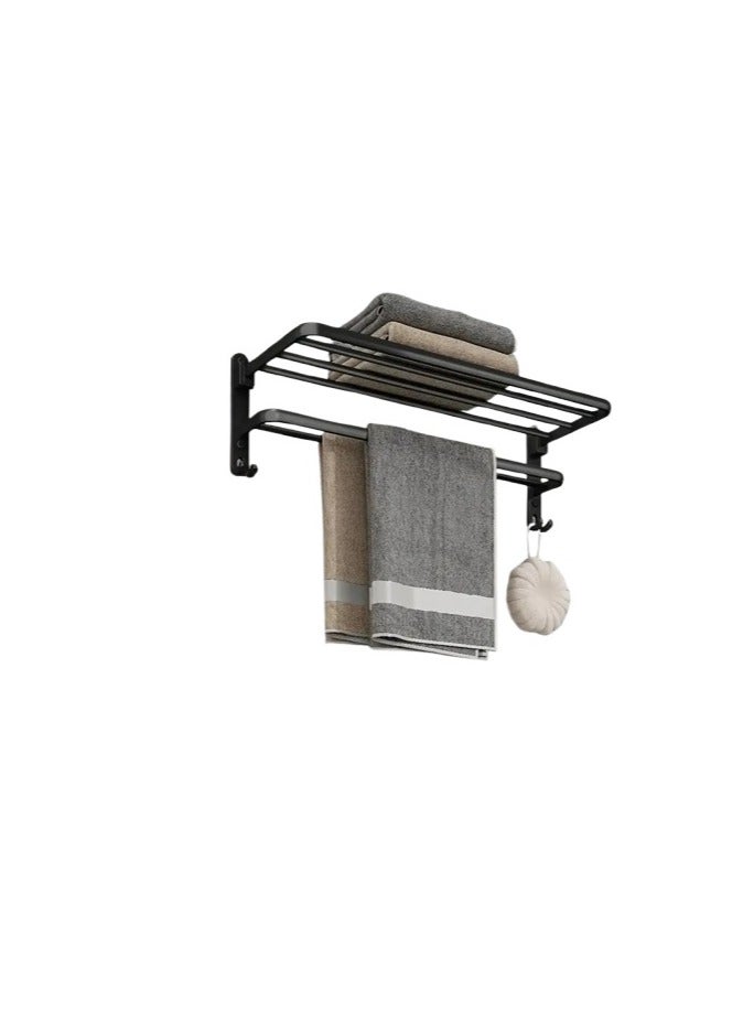 لوك رف معدني جداري من الألومنيوم للملابس والأدوات الشخصية , حامل قابل للطي بمستوي مزدوج وتعليقات على الأطراف,يوفر المساحة - مثبت على الجدار، رف منشفة قابل للطي مع خطافات للملابس والمناشف، مقاوم للصدأ، سعة 10 كجم - مثالي للحمام والمطبخ والشرفة 50 سماسود - Image 1