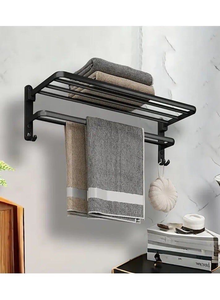 لوك رف معدني جداري من الألومنيوم للملابس والأدوات الشخصية , حامل قابل للطي بمستوي مزدوج وتعليقات على الأطراف,يوفر المساحة - مثبت على الجدار، رف منشفة قابل للطي مع خطافات للملابس والمناشف، مقاوم للصدأ، سعة 10 كجم - مثالي للحمام والمطبخ والشرفة 50 سماسود - Image 2