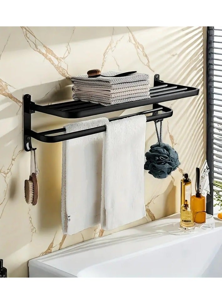 لوك رف معدني جداري من الألومنيوم للملابس والأدوات الشخصية , حامل قابل للطي بمستوي مزدوج وتعليقات على الأطراف,يوفر المساحة - مثبت على الجدار، رف منشفة قابل للطي مع خطافات للملابس والمناشف، مقاوم للصدأ، سعة 10 كجم - مثالي للحمام والمطبخ والشرفة 50 سماسود - Image 5