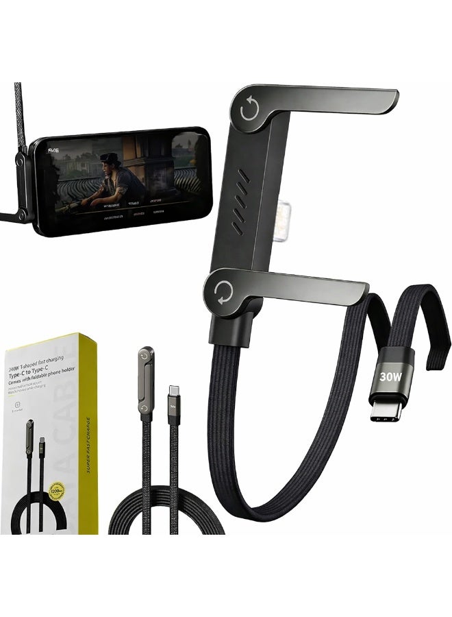 BASEMO 2026 New Sideways Phone Charger - 30W Braided Fast Charge Cable with Built-in Phone Stand, 2-in-1 Invisible Holder Charger Cable for iPhone, for Samsung and USB-C Devices (Type-C to Lightning-30W) - Image 1
