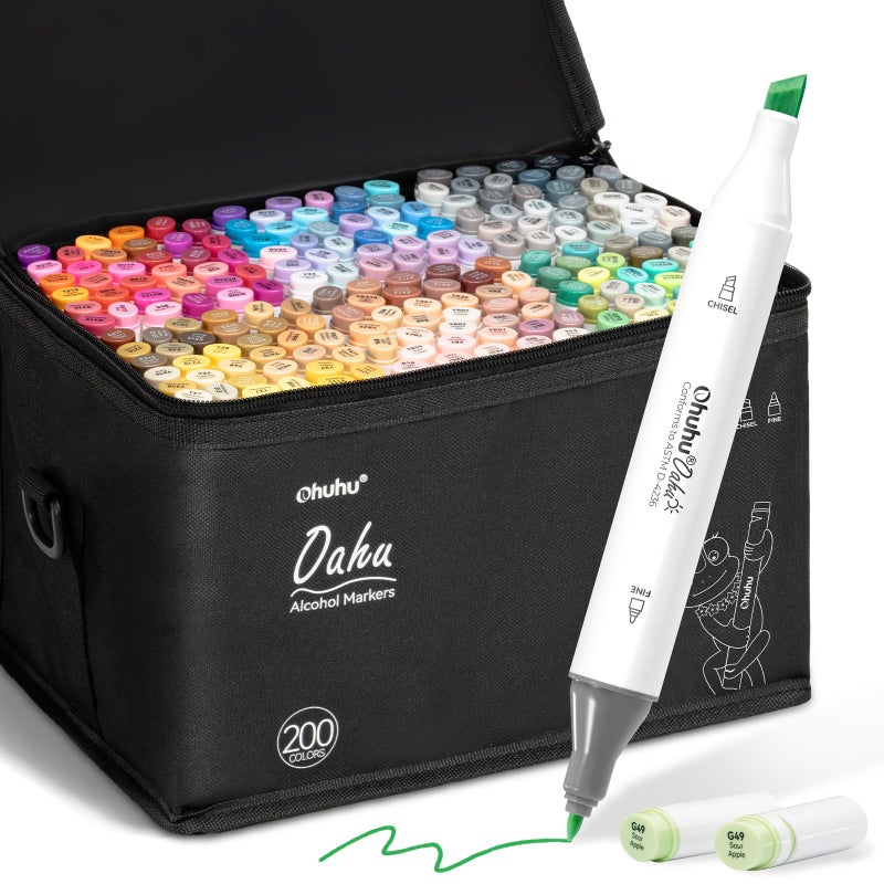 Ohuhu Alcohol Markers 200 Colors - AP Certificated Double Tipped Art Marker Set for Artists Adults Coloring Sketch Illustration - Chisel and Fine Dual Tips - Oahu of Ohuhu Markers - Refillable - Image 1