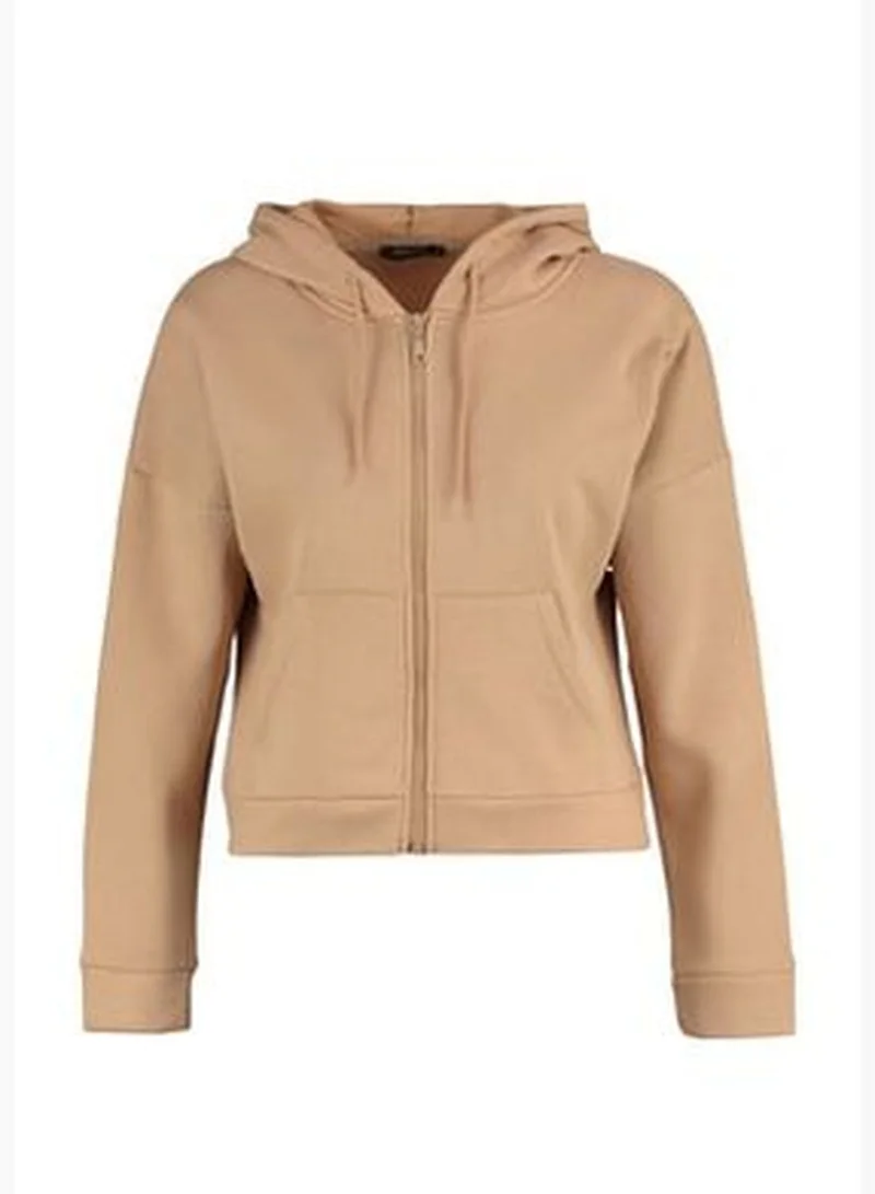 trendyol Camel Printed Back with Zipper and Basic Knitted Sweatshirt with Fleece Inside TWOAW23SW00677
