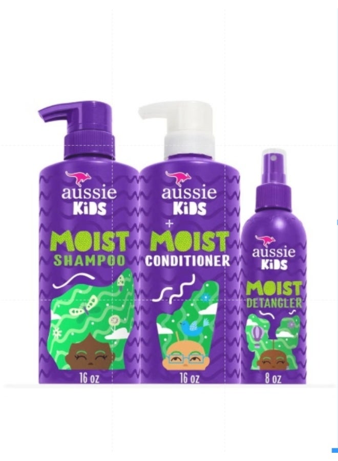 Aussie Kids Hair Care Bundle Set Including: Shampoo (16 Fl Oz), Conditioner (16 Fl Oz) & Detangler Spray (8 Fl Oz), Paraben- Freem Sulfate-Free, Dye-Free, Cruelty-Free, Tangle-Free Styling