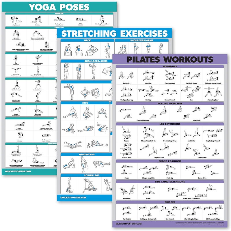 Palace Learning Quickfit 3 Pack - Yoga Poses + Stretching Exercises + Pilates Mat Work Poster Set - Set of 3 Workout Charts (LAMINATED, 18" x 24") - Image 1