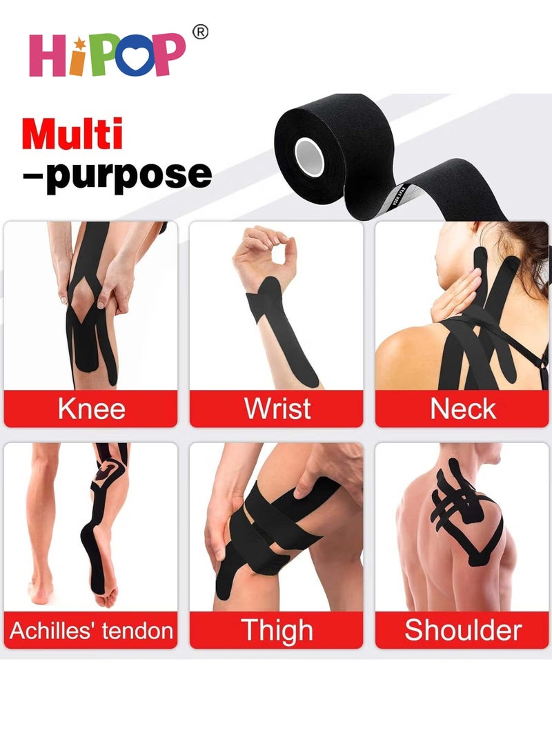 HIPOP 4 Rolls Kinesiology Tape, 16ft Elastic Sports Tape for Muscle Pain Relief & Joint Support, Waterproof Hypoallergenic Athletic Recovery Tape for Tennis, Football & Daily Use (Black) - Image 4