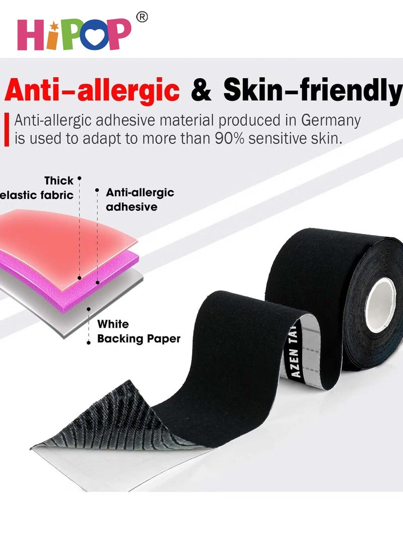 HIPOP 4 Rolls Kinesiology Tape, 16ft Elastic Sports Tape for Muscle Pain Relief & Joint Support, Waterproof Hypoallergenic Athletic Recovery Tape for Tennis, Football & Daily Use (Black) - Image 3