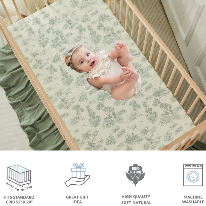 Brandream Baby Crib Sheets for Girls Boys, Fitted Crib Sheet for Standard Crib and Toddler Mattress, Super Soft 100% Cotton Baby Sheet French Country Toile Floral Print,Green - Image 3
