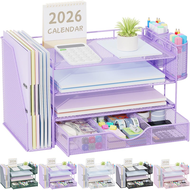 gianotter Desk Organizers and Accessories with File Holder 4Tier Desk Accessories Workspace Organizers with Drawer and 2 Pen Holder Paper Organizer for Office Supplies Purple - Image 2