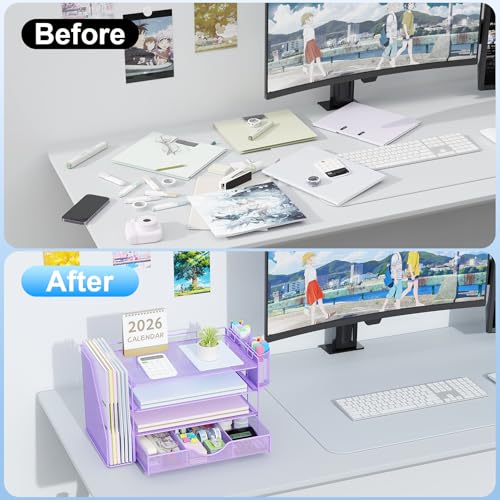 gianotter Desk Organizers and Accessories with File Holder 4Tier Desk Accessories Workspace Organizers with Drawer and 2 Pen Holder Paper Organizer for Office Supplies Purple - Image 3
