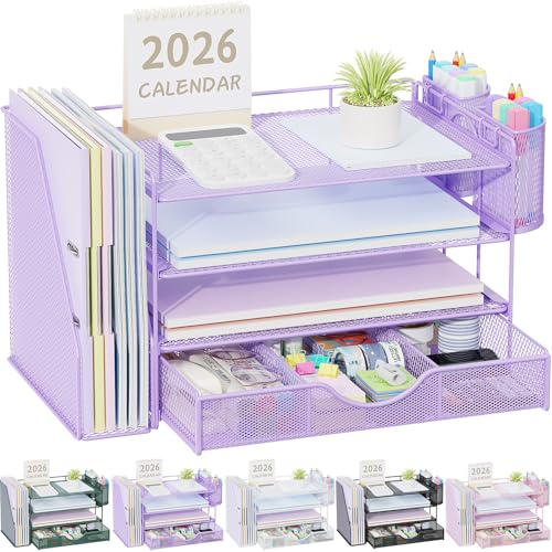 gianotter Desk Organizers and Accessories with File Holder 4Tier Desk Accessories Workspace Organizers with Drawer and 2 Pen Holder Paper Organizer for Office Supplies Purple - Image 1