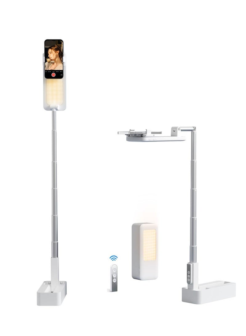 Upgrade Phone Stand for Recording: 360° Rotation Overhead Mount with Light. Desktop Tripod includes Rechargeable 15 Brightness Canvas Lamp for Facebook, Instagram Live, Snapchat, TikTok, YouTube (V10) - Image 1