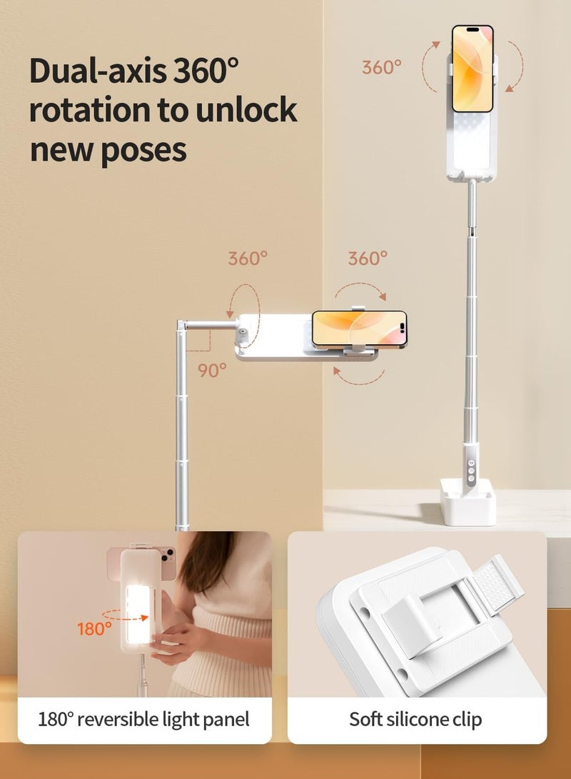 Upgrade Phone Stand for Recording: 360° Rotation Overhead Mount with Light. Desktop Tripod includes Rechargeable 15 Brightness Canvas Lamp for Facebook, Instagram Live, Snapchat, TikTok, YouTube (V10) - Image 3
