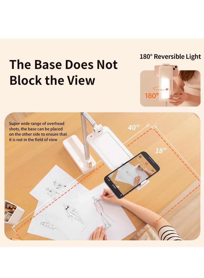 Upgrade Phone Stand for Recording: 360° Rotation Overhead Mount with Light. Desktop Tripod includes Rechargeable 15 Brightness Canvas Lamp for Facebook, Instagram Live, Snapchat, TikTok, YouTube (V10) - Image 5