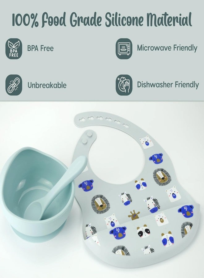 StarKiddo®Smart Silicone Suction Bowl & Spoon with Adjustable Printed Bib and Weaning Spoon | BPA Free Non-Toxic | Baby-Led Weaning Supplies for Toddler Self-Feeding (Light Cyan) - Image 2