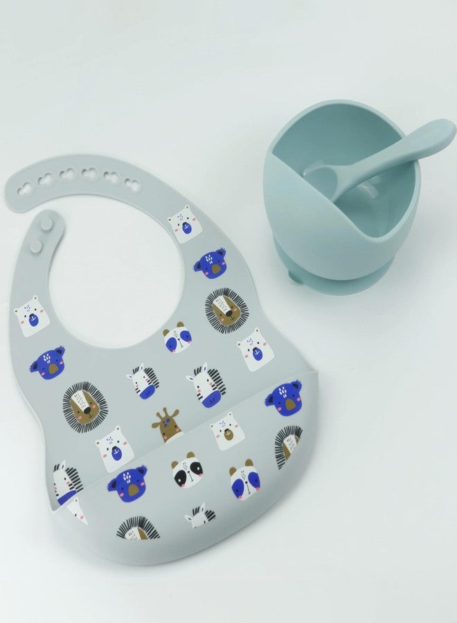 StarKiddo®Smart Silicone Suction Bowl & Spoon with Adjustable Printed Bib and Weaning Spoon | BPA Free Non-Toxic | Baby-Led Weaning Supplies for Toddler Self-Feeding (Light Cyan) - Image 1