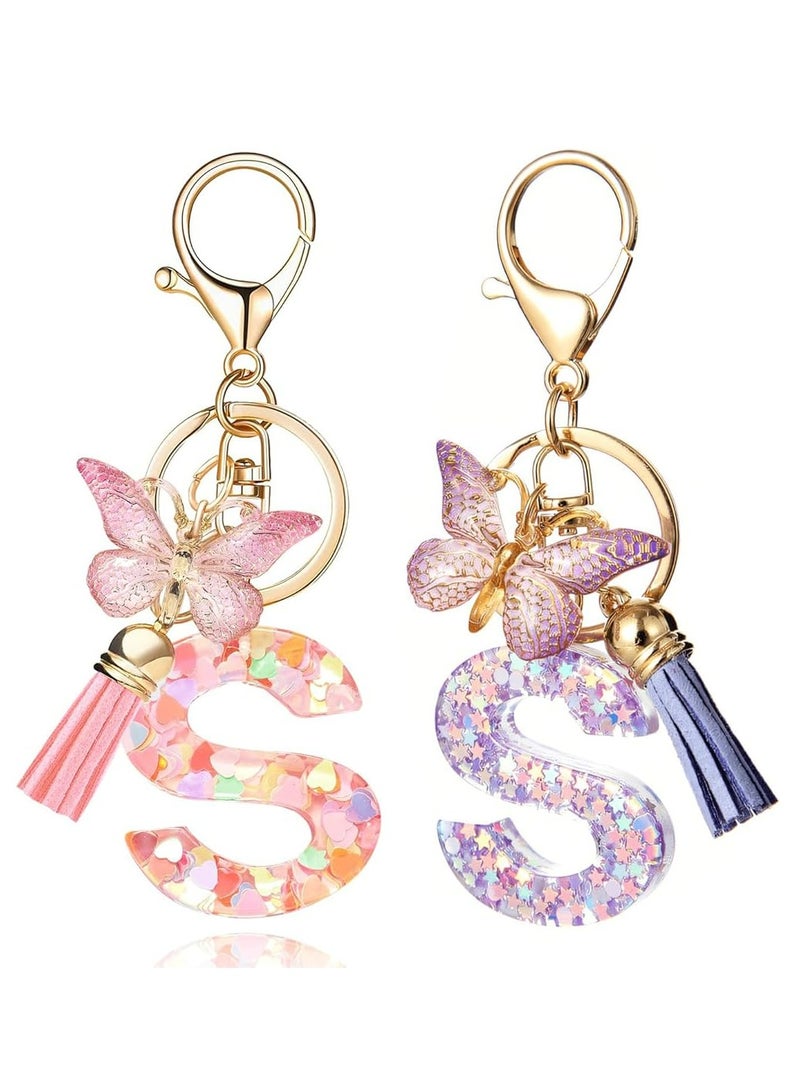 أوزيغالور 2 قطعة سلسلة مفاتيح بأحرف أبجدية على شكل حرف أبجدي أزياء، قلادة مفاتيح على شكل فراشة ذات شرابة لحقائب اليد للنساء - Image 1