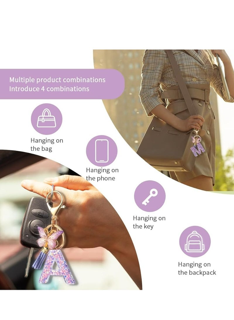 أوزيغالور 2 قطعة سلسلة مفاتيح بأحرف أبجدية على شكل حرف أبجدي أزياء، قلادة مفاتيح على شكل فراشة ذات شرابة لحقائب اليد للنساء - Image 3