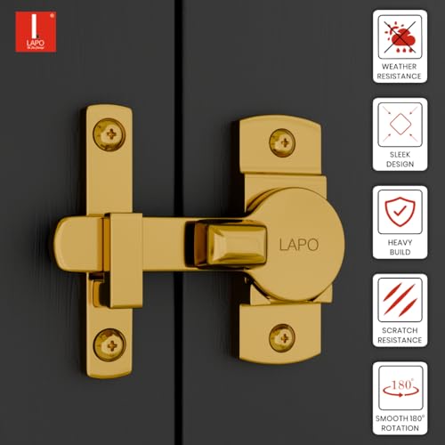 LAPO 1 Piece Latch Lock for Bathroom, Sliding Door Lock, 180 Degree Baby Latch, Flip Latch for Bedroom, Balcony, Storeroom (PVD Gold, Material-Zinc) - Image 3