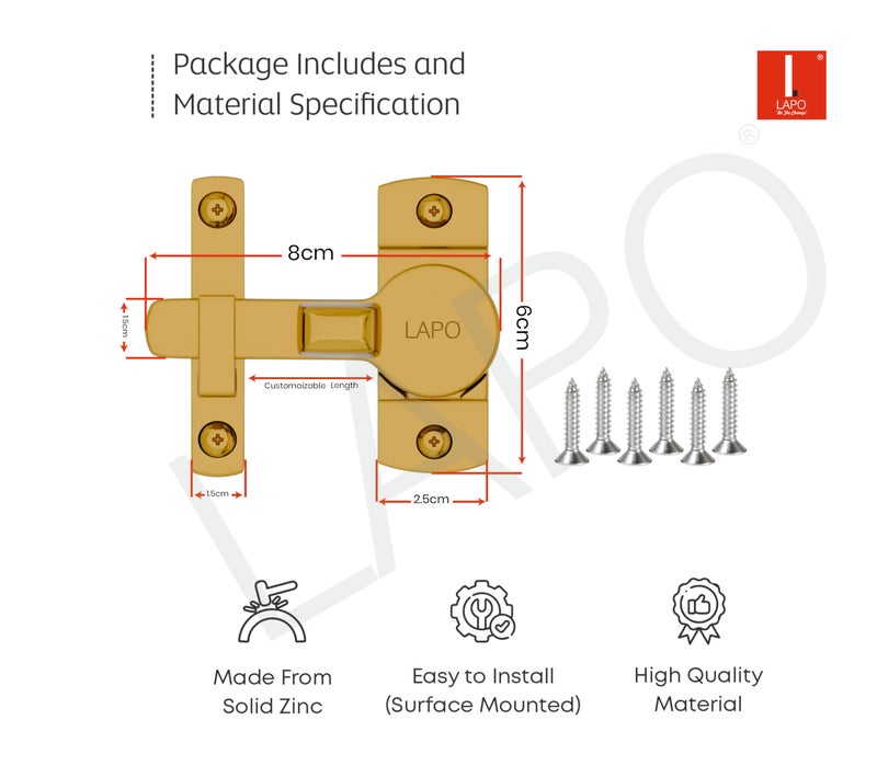 LAPO 1 Piece Latch Lock for Bathroom, Sliding Door Lock, 180 Degree Baby Latch, Flip Latch for Bedroom, Balcony, Storeroom (PVD Gold, Material-Zinc) - Image 4
