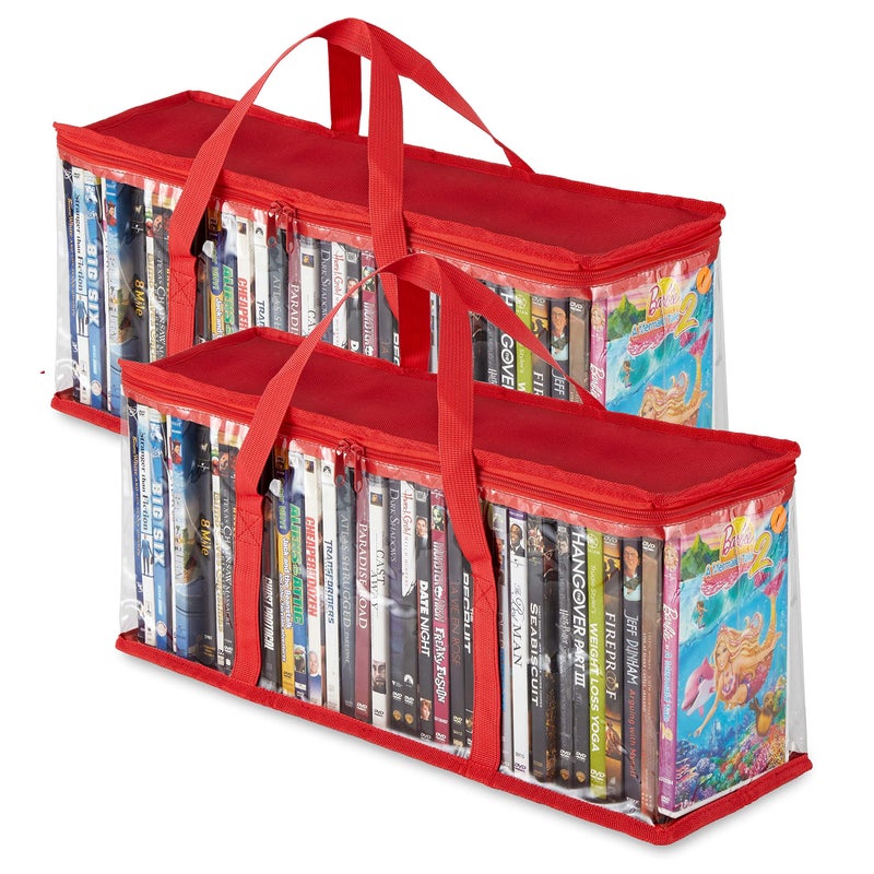 Stock Your Home DVD Storage Bags Set of 2 Media Organizer Bag for DVDs CDs Blu Ray Disc Movie Cases VHS Box Video Game Disks Clear Plastic Holders with Carrying Handles and Zipper  Red