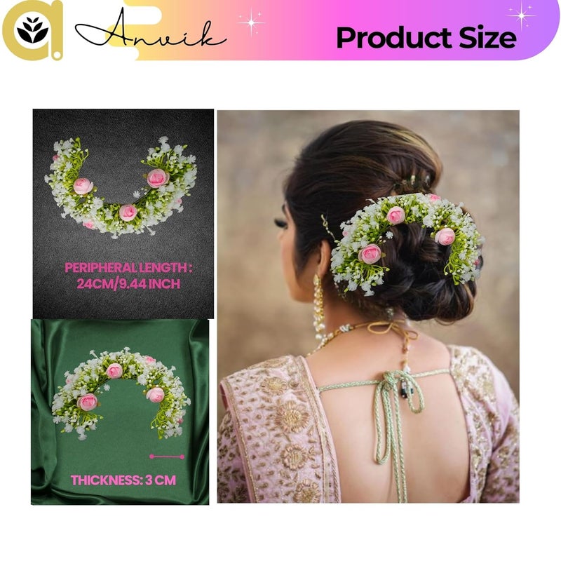 ANVIK Hair Accessories Fancy Party Bridal Wedding Fabric/Artificial Rose Flower Bun Juda Hair Gajra For Women's Flower Hair Accessory Veni For Hair For Bride (LIGHT PINK) - Image 4
