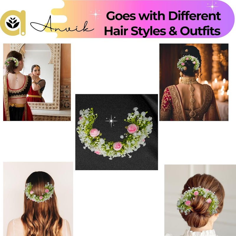 ANVIK Hair Accessories Fancy Party Bridal Wedding Fabric/Artificial Rose Flower Bun Juda Hair Gajra For Women's Flower Hair Accessory Veni For Hair For Bride (LIGHT PINK) - Image 5