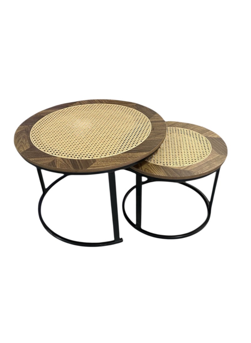 شي ون طقم طاولات قهوة دائرية من SHEE ONE بتصميم خشب طبيعي فاخر وسطح قشّ أنيق |2 قطع عملية للمجالس والصالات | طاولة ديكور وضيافة قابلة للتداخل لتوفير المساحة | أرجل معدنية متينة | الأبعاد:  الطاولة الكبيرة 70×45 سم، الطاولة الصغيرة 50×38 سم - Image 5