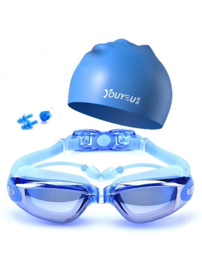 Generic Swimming Kit | Electroplated Swimming Goggles - Silicone Swim Cap - Earplugs - Nose clip | Comfortable Adjustable Anti Fog UV Protected lenses | For Adults or Kids Men or Women | No Leaking | Blue - Image 1