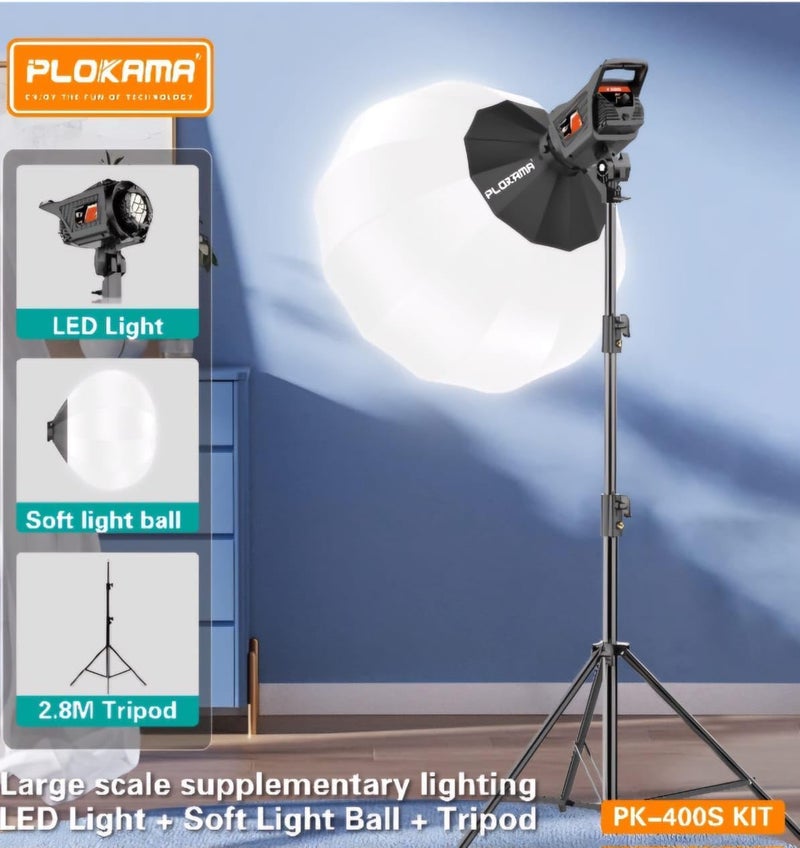 200W Plokama PK-400s Professional Lighting with QX 65CM and Stand for Video and Fotto for All Content Makers Facebook, YouTube, TikTok Fill Light 2700K-6500K, Ideal for Professional Photography
