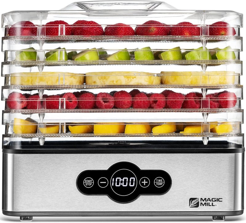 Magic Mill Food Dehydrator Machine | 5 Stackable Stainless Steel Trays, 48H Digital Adjustable Timer & Temperature Control Upto 167° Electric Dryer & Preserver for Jerky, Fruit, Dog Treats & Much More - Image 1