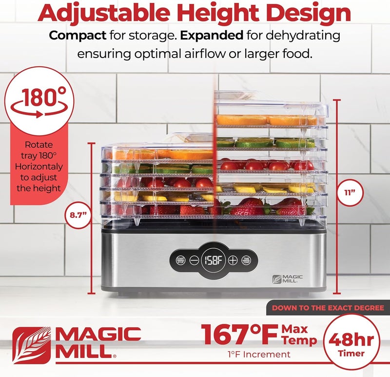 Magic Mill Food Dehydrator Machine | 5 Stackable Stainless Steel Trays, 48H Digital Adjustable Timer & Temperature Control Upto 167° Electric Dryer & Preserver for Jerky, Fruit, Dog Treats & Much More - Image 3