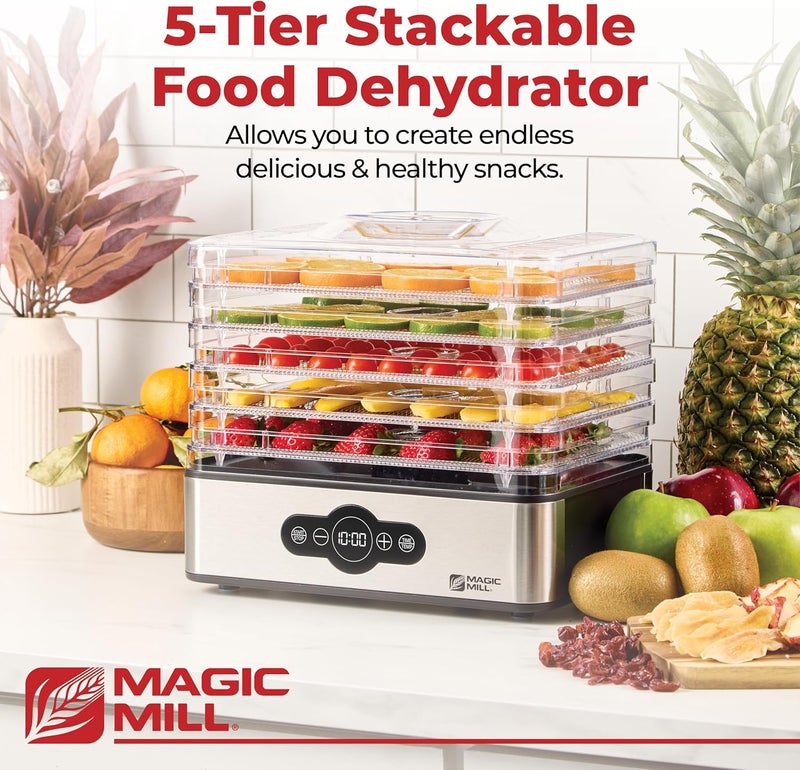 Magic Mill Food Dehydrator Machine | 5 Stackable Stainless Steel Trays, 48H Digital Adjustable Timer & Temperature Control Upto 167° Electric Dryer & Preserver for Jerky, Fruit, Dog Treats & Much More - Image 2