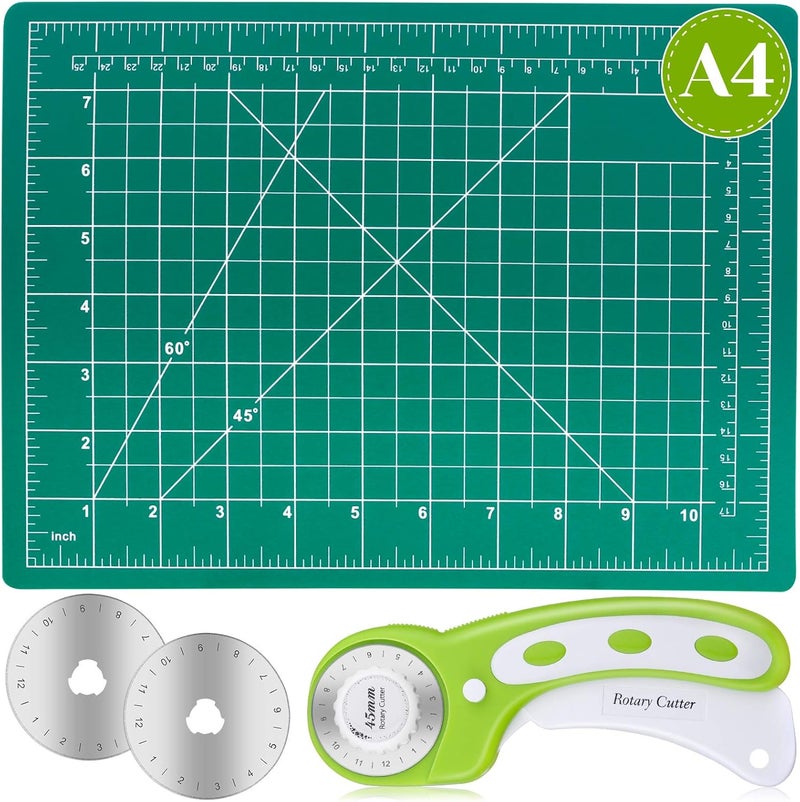 Audab Rotary Cutter Set, Self Healing Sewing Mats Rotary Cutter and Mat 45mm Rotary Fabric Cutter Set with 2 Blades Rotary Cutting Mat for Crafts Fabric Quilting Hobby (9" x 12" (A4)) - Image 1