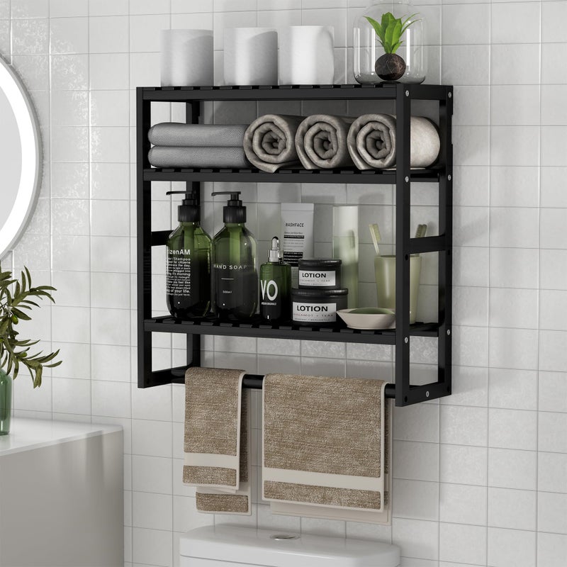 PPN Towel Rack Bathroom Storage Shelves Over The Toilet with Towel Bar 100% Bamboo Adjustable Height Floating Shelf Wall Shower Shelf for Small Space Bathroom Kitchen Multi Usage (Black-1Pack) - Image 1