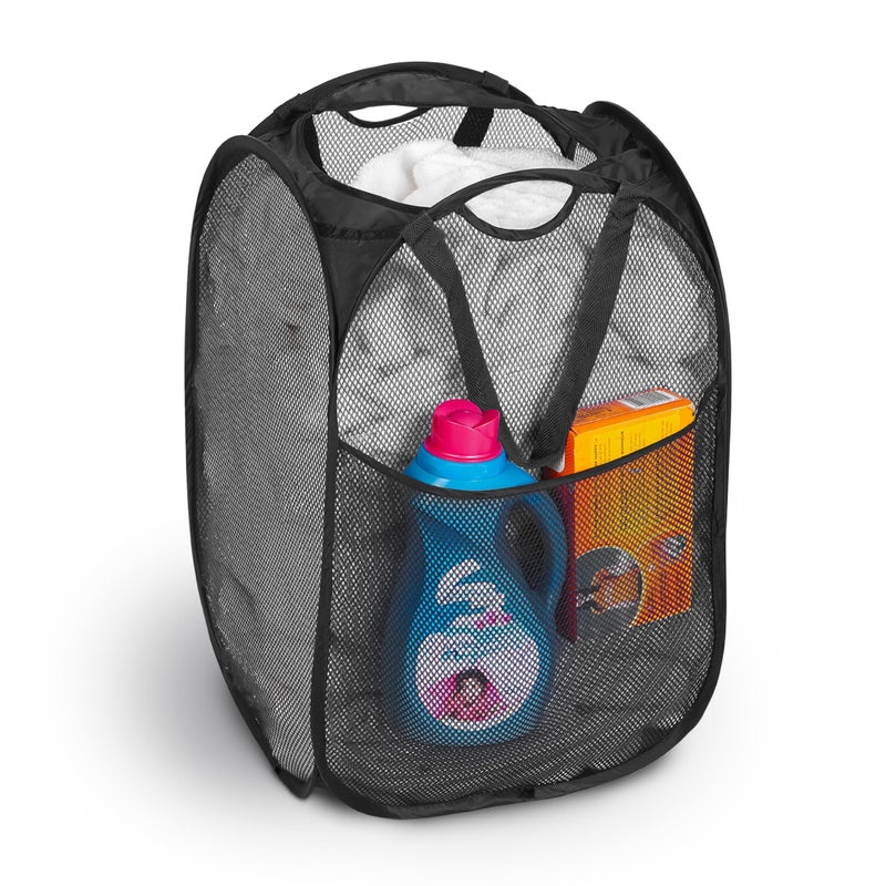 Smart Design Deluxe Mesh Pop Up Square Laundry Hamper w/ Side Pocket & Handles - VentilAir Fabric Collapsible Design - for Clothes & Laundry - Home - (Holds 2 Loads) (14 x 23 Inch) [Black] - Image 1