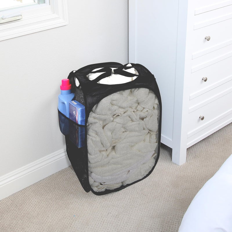 Smart Design Deluxe Mesh Pop Up Square Laundry Hamper w/ Side Pocket & Handles - VentilAir Fabric Collapsible Design - for Clothes & Laundry - Home - (Holds 2 Loads) (14 x 23 Inch) [Black] - Image 3