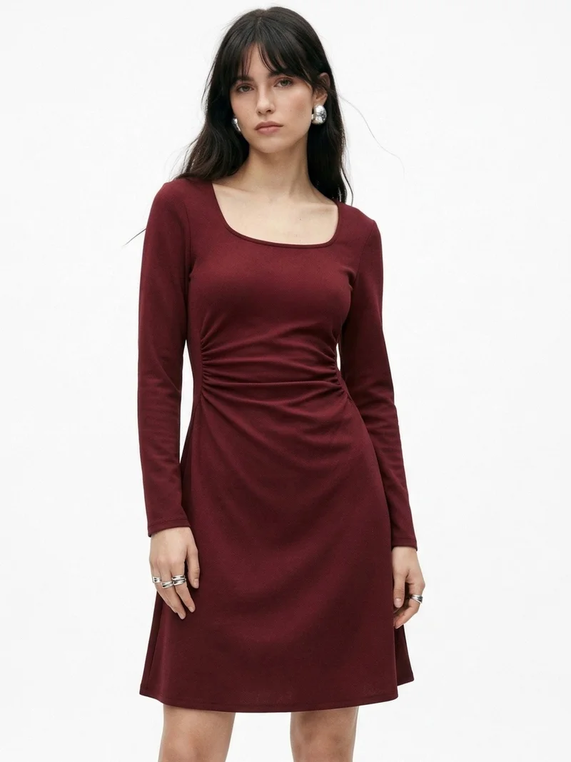 أوجيدر Wine Full Sleeve Round Neck Dress