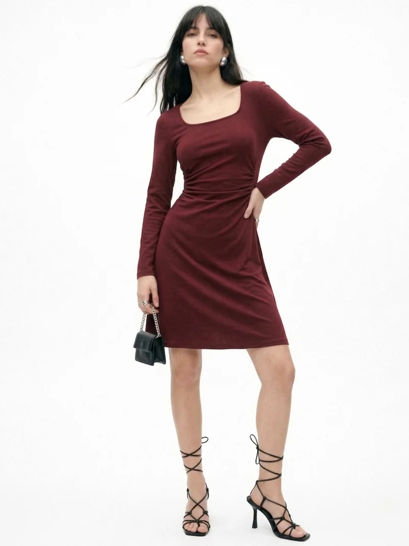 Outzidr  Wine Full Sleeve Round Neck Dress for Women | Best Price UAE