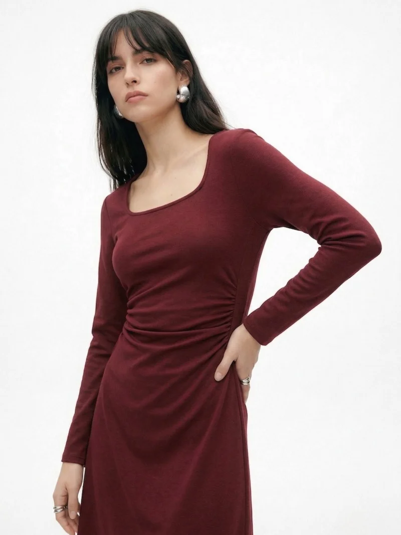 Outzidr  Wine Full Sleeve Round Neck Dress for Women | Best Price UAE
